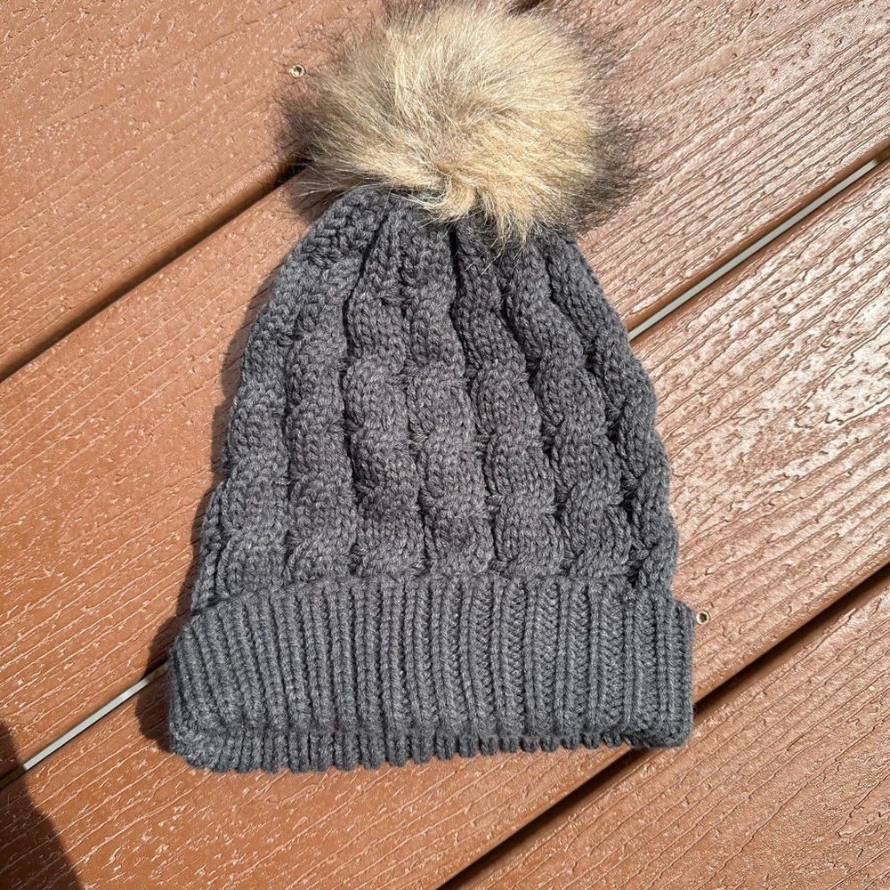Gray and Cream Cable Knit Pom-Pom Beanie Hat